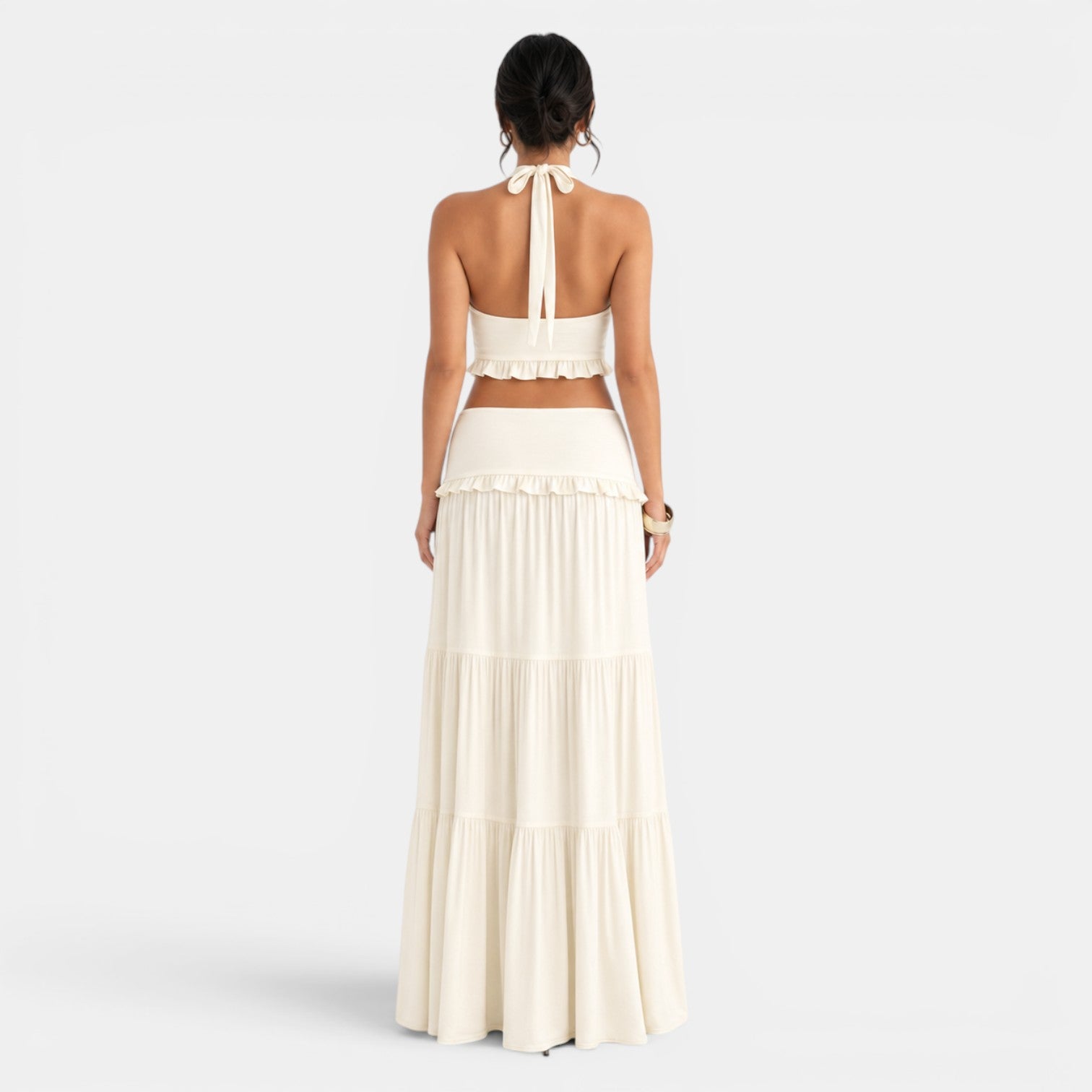 Conjunto Halter con Falda Larga Volantes