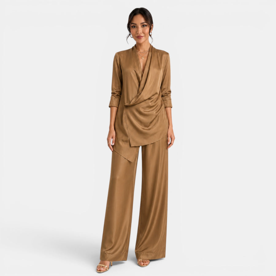 Brown Satin Wide-Leg Set
