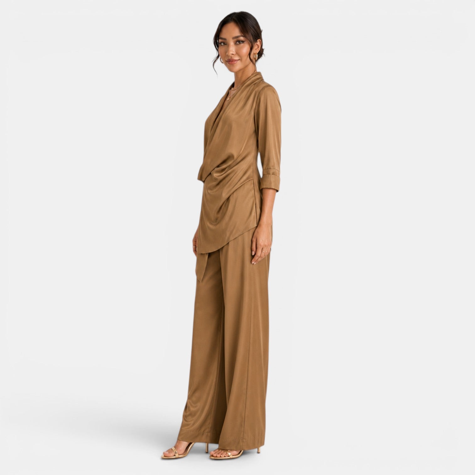 Conjunto Satinado Marrón Pantalón Ancho