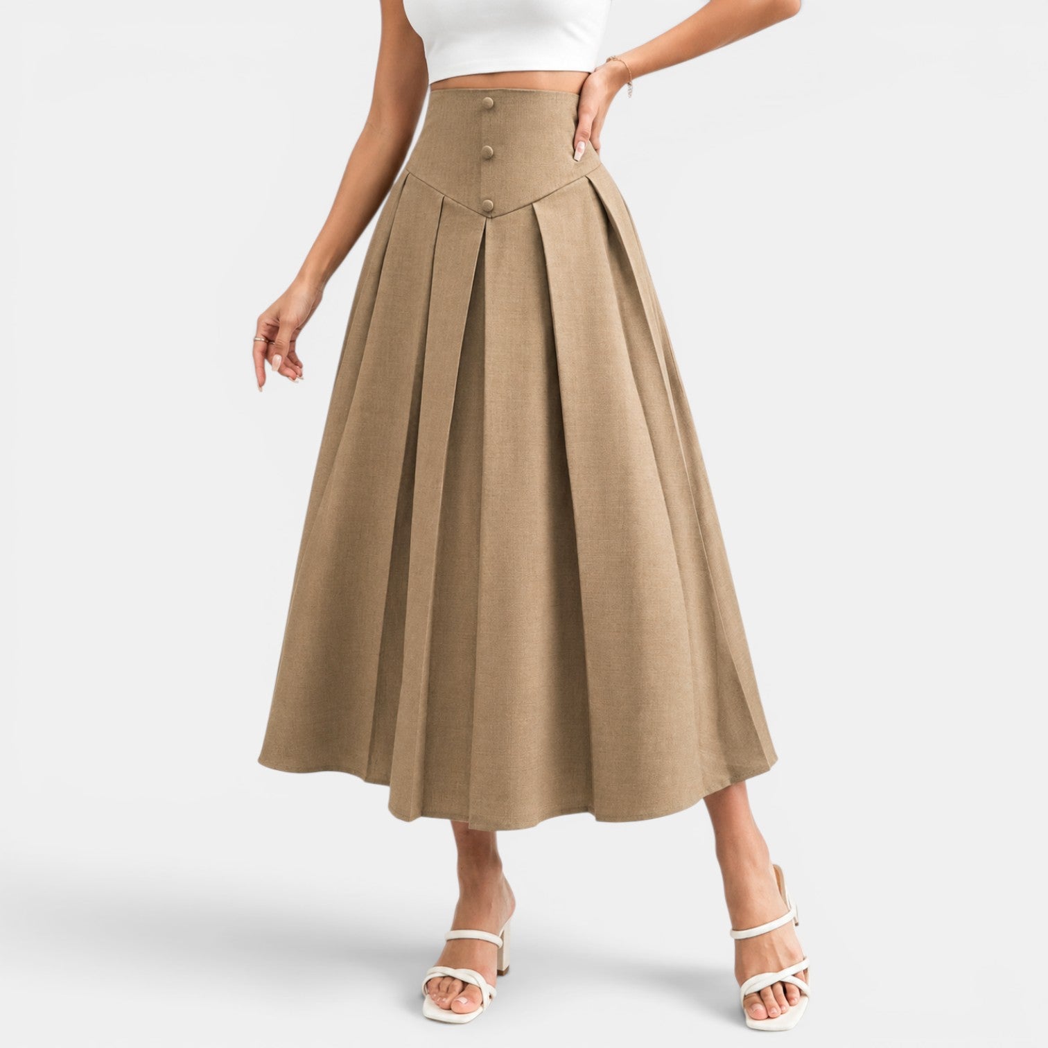 Women's Khaki Pleated Maxi Skirt