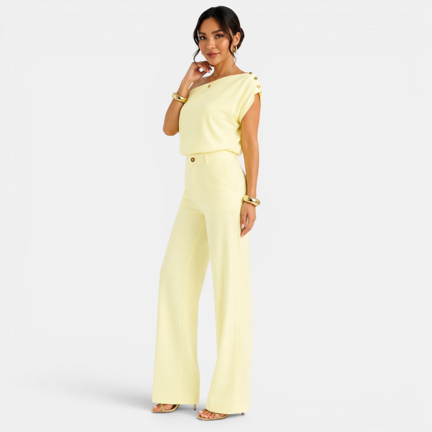 Conjunto Mujer Elegante Verano – Top Bardot Off Shoulder y Pantalón Palazzo Ancho