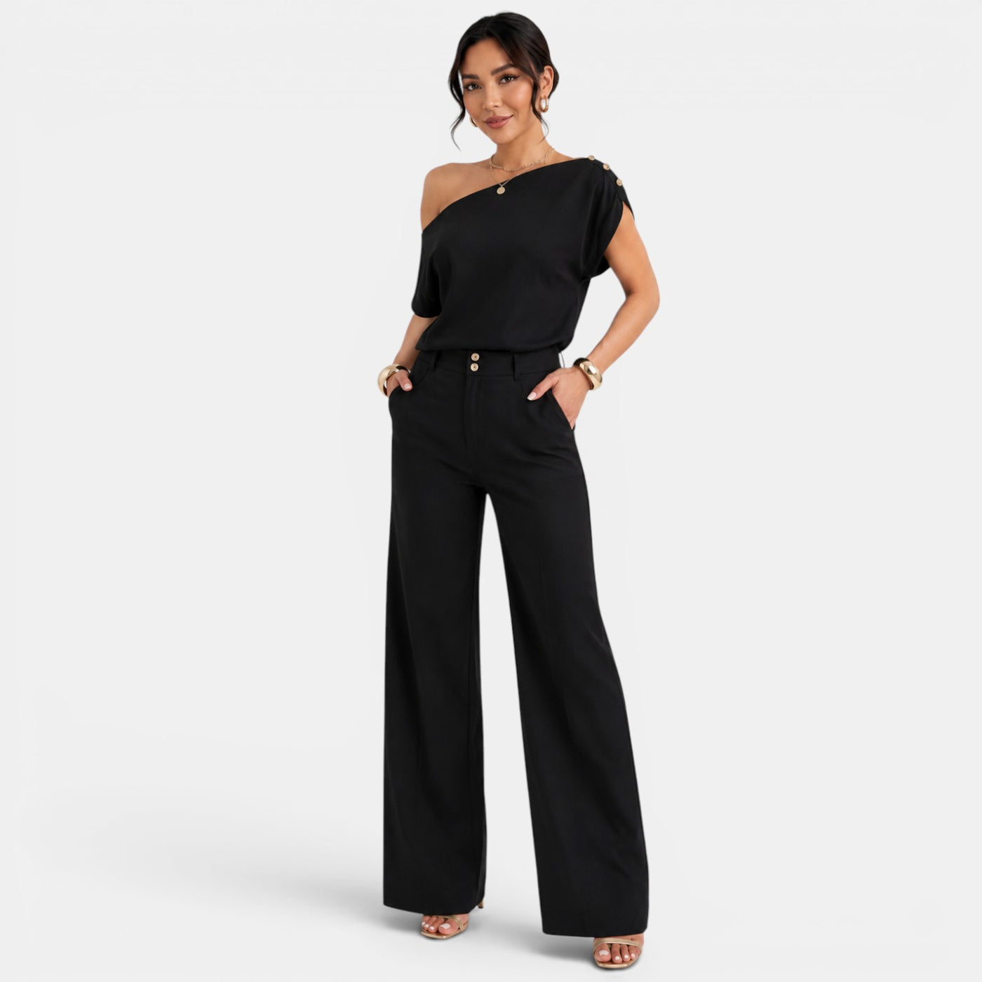Conjunto Mujer Elegante Verano – Top Bardot Off Shoulder y Pantalón Palazzo Ancho