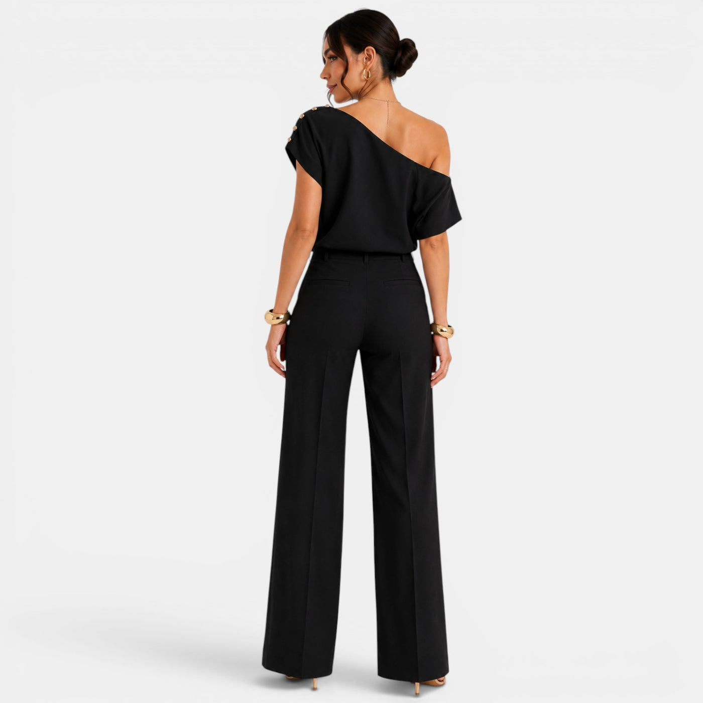 Conjunto Mujer Elegante Verano – Top Bardot Off Shoulder y Pantalón Palazzo Ancho