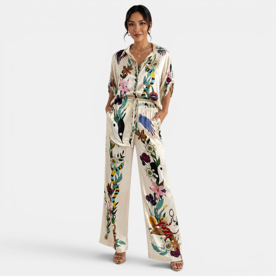 Women's Printed Beige Satin Set