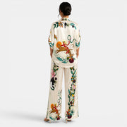 Women's Printed Beige Satin Set