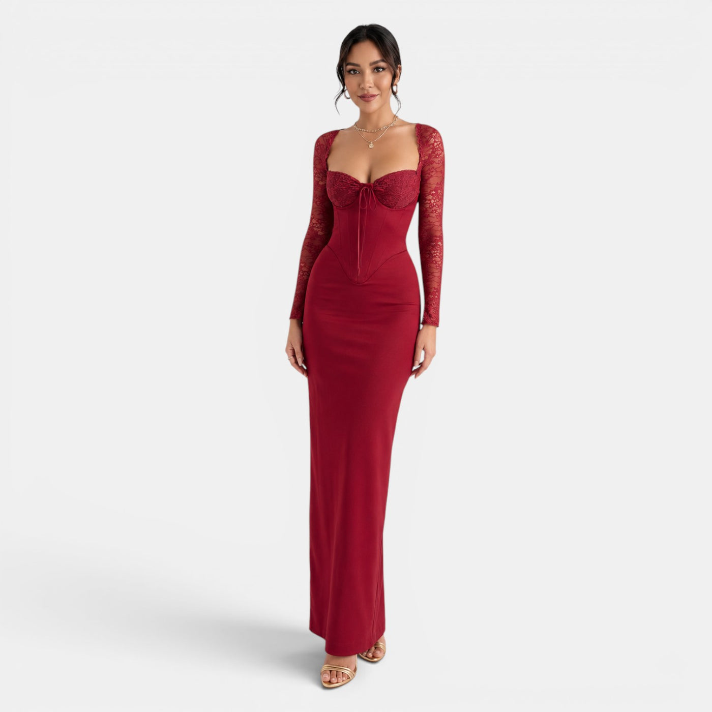 Vestido Rojo Vino Encaje Largo