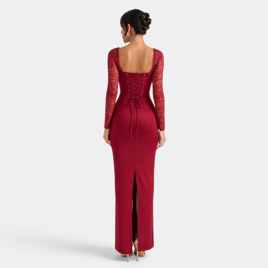 Vestido Rojo Vino Encaje Largo