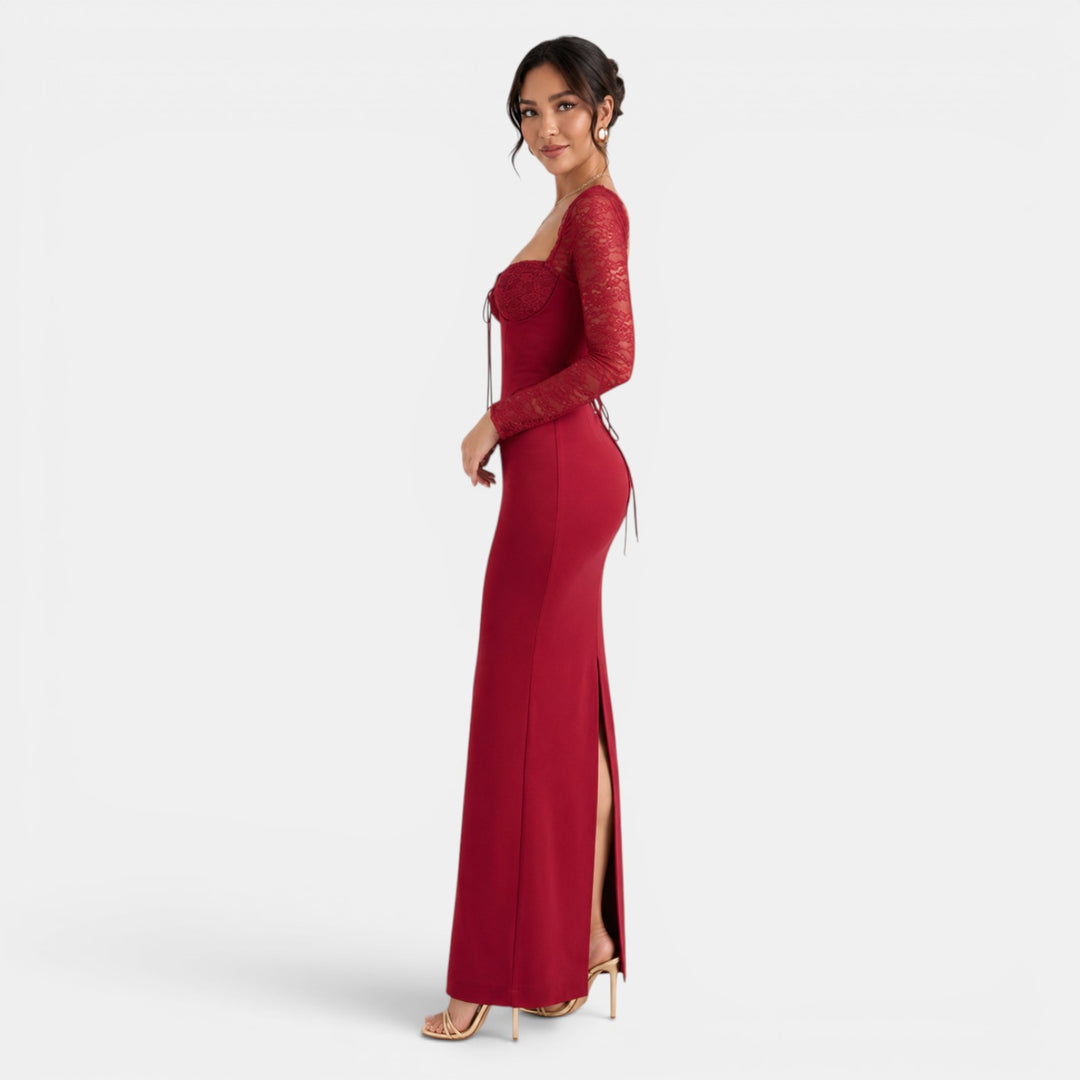 Vestido Rojo Vino Encaje Largo