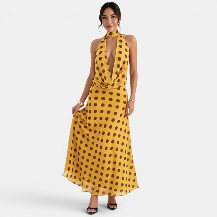 Vestido Largo Amarillo Lunares
