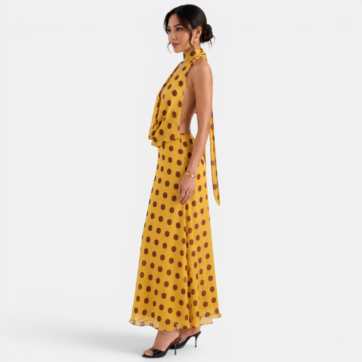 Vestido Largo Amarillo Lunares