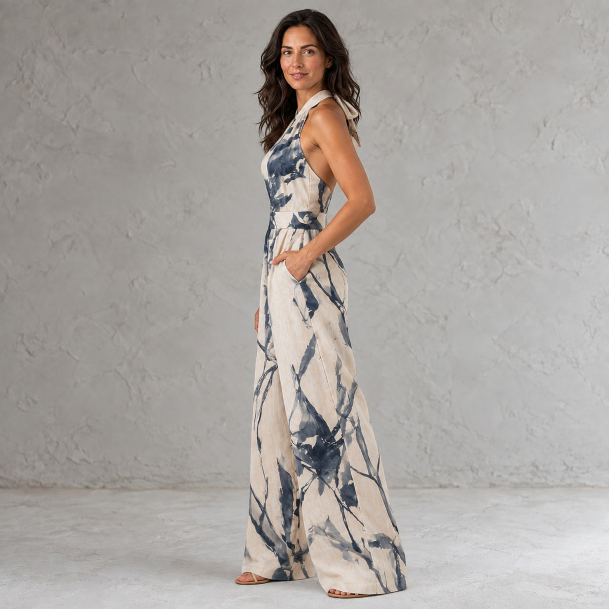 Mono Mujer Beige Pierna Ancha Halter
