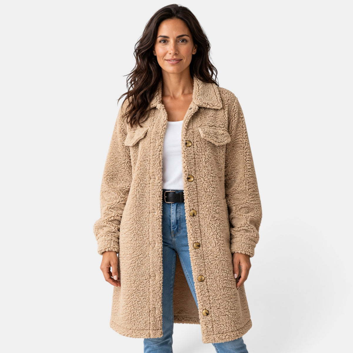 Chaqueta Teddy Mujer Beige Oversize Larga