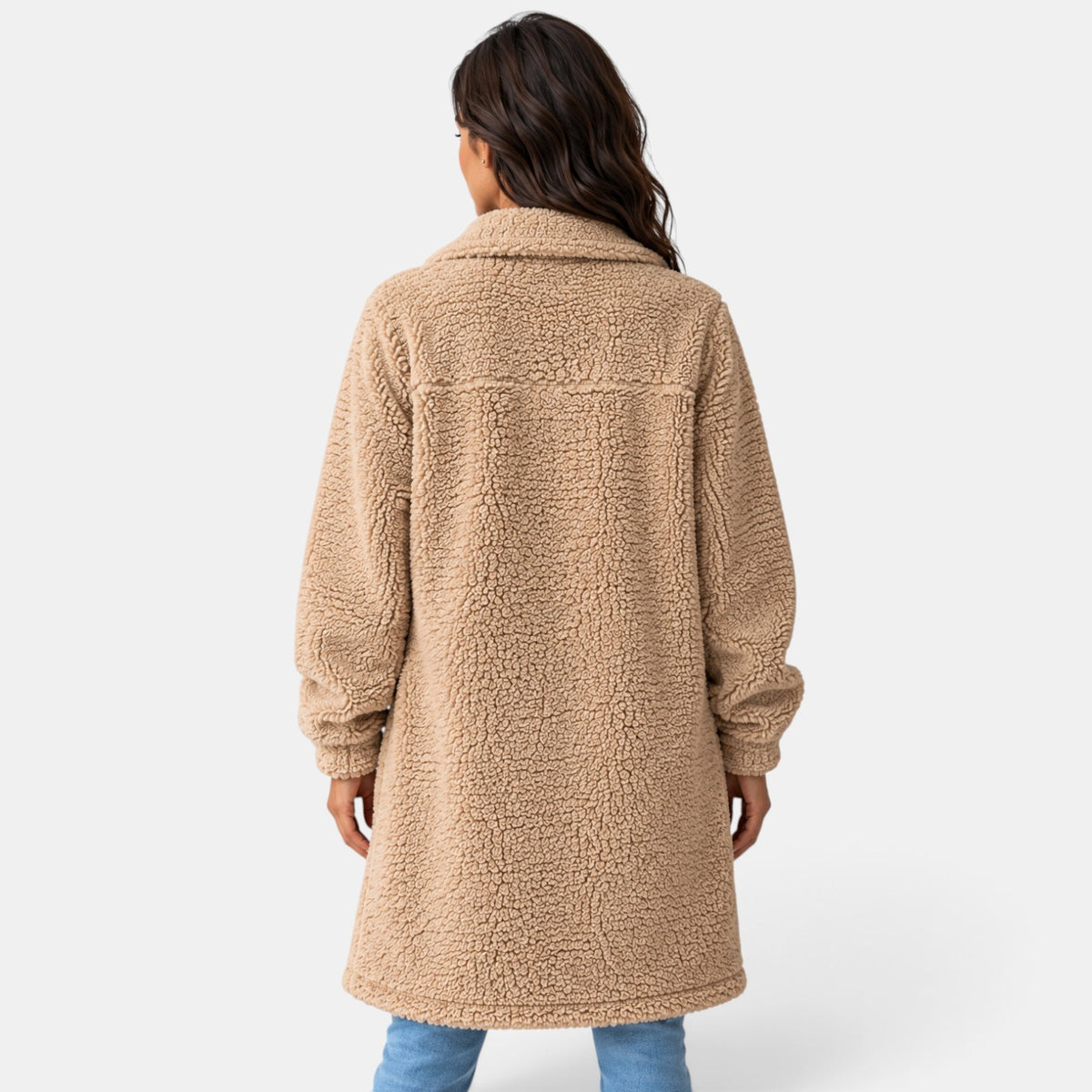 Chaqueta Teddy Mujer Beige Oversize Larga