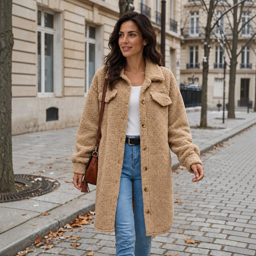 Chaqueta Teddy Mujer Beige Oversize Larga