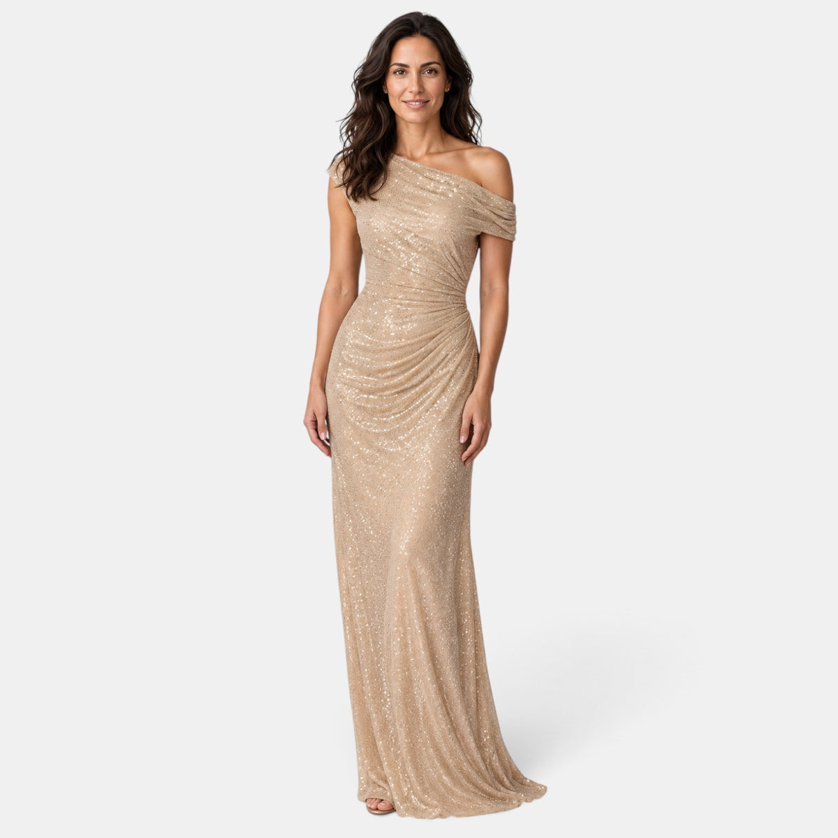 Vestido Largo de Noche Dorado con Lentejuelas y Un Hombro