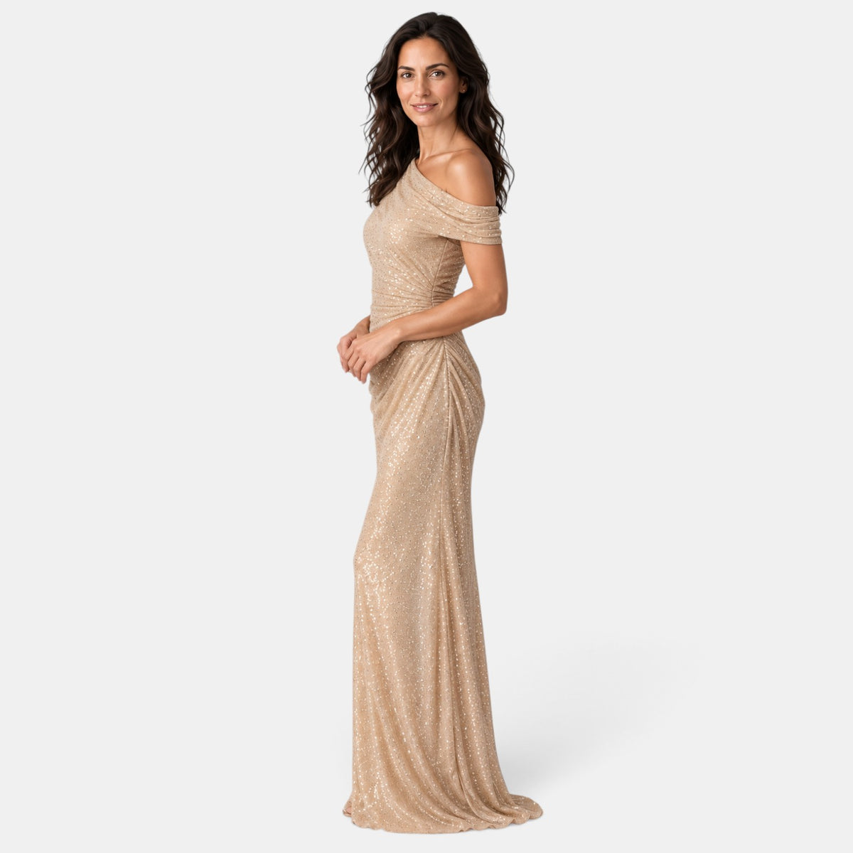 Vestido Largo de Noche Dorado con Lentejuelas y Un Hombro
