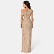 Vestido Largo de Noche Dorado con Lentejuelas y Un Hombro