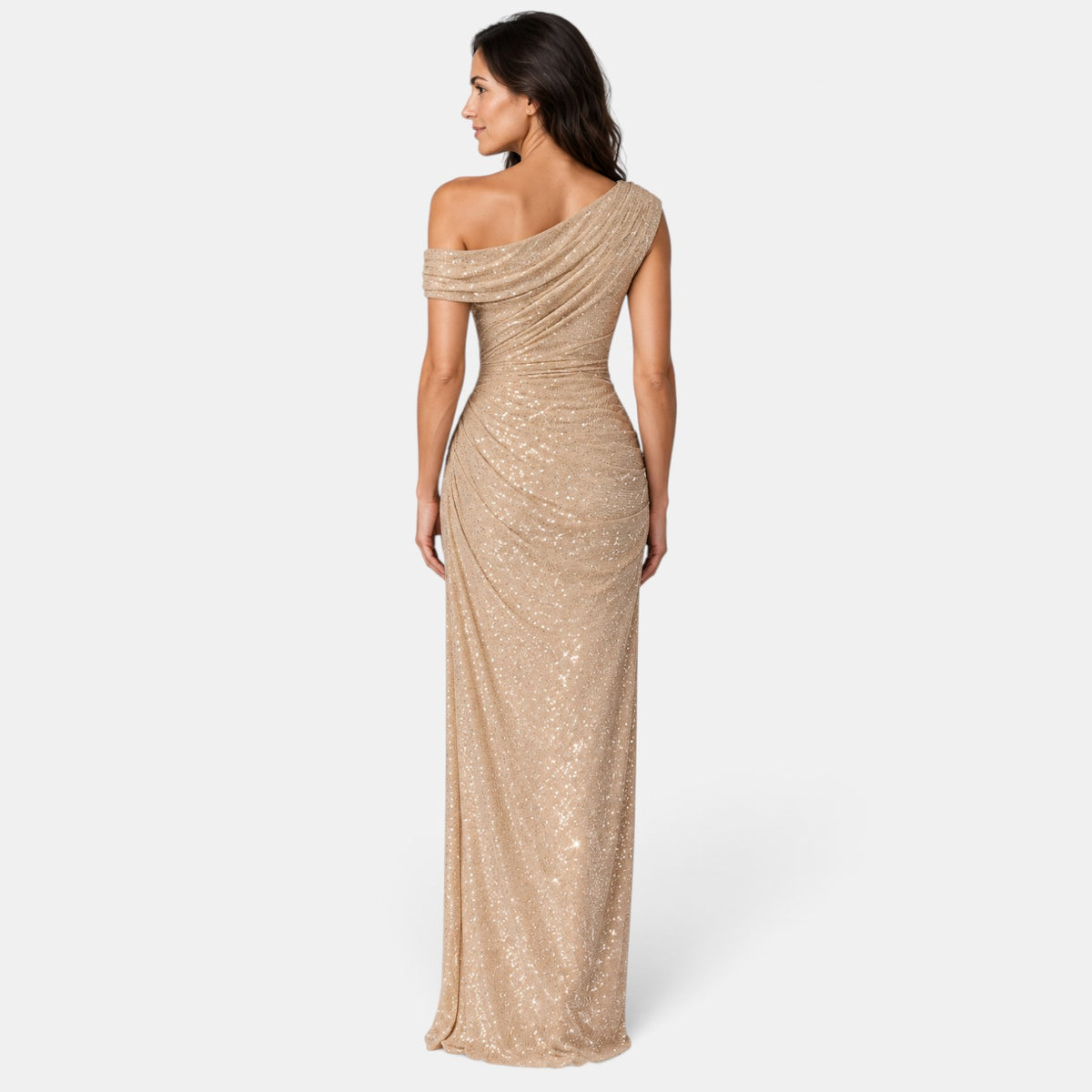 Vestido Largo de Noche Dorado con Lentejuelas y Un Hombro