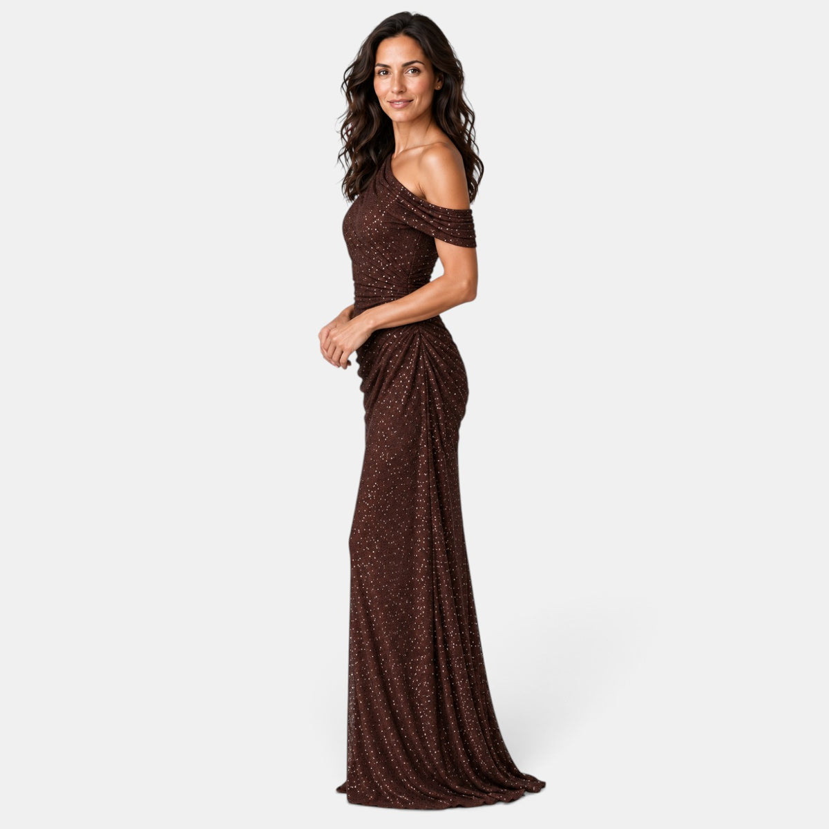 Vestido Largo de Noche Dorado con Lentejuelas y Un Hombro