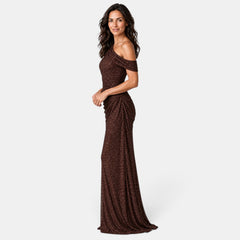 Vestido Largo de Noche Dorado con Lentejuelas y Un Hombro