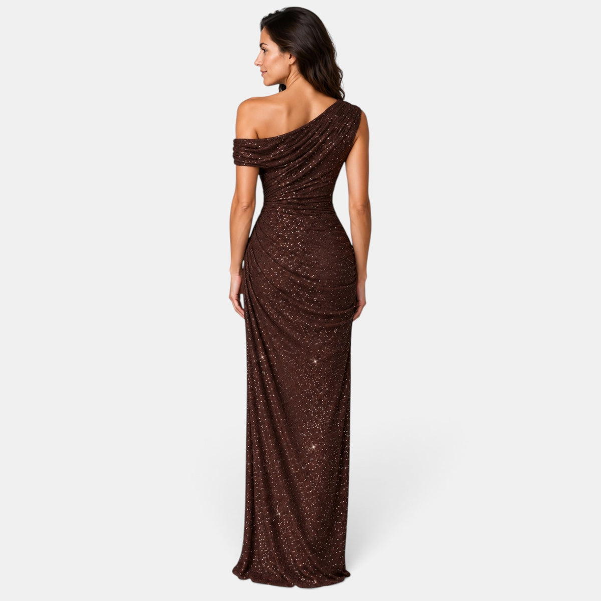 Vestido Largo de Noche Dorado con Lentejuelas y Un Hombro