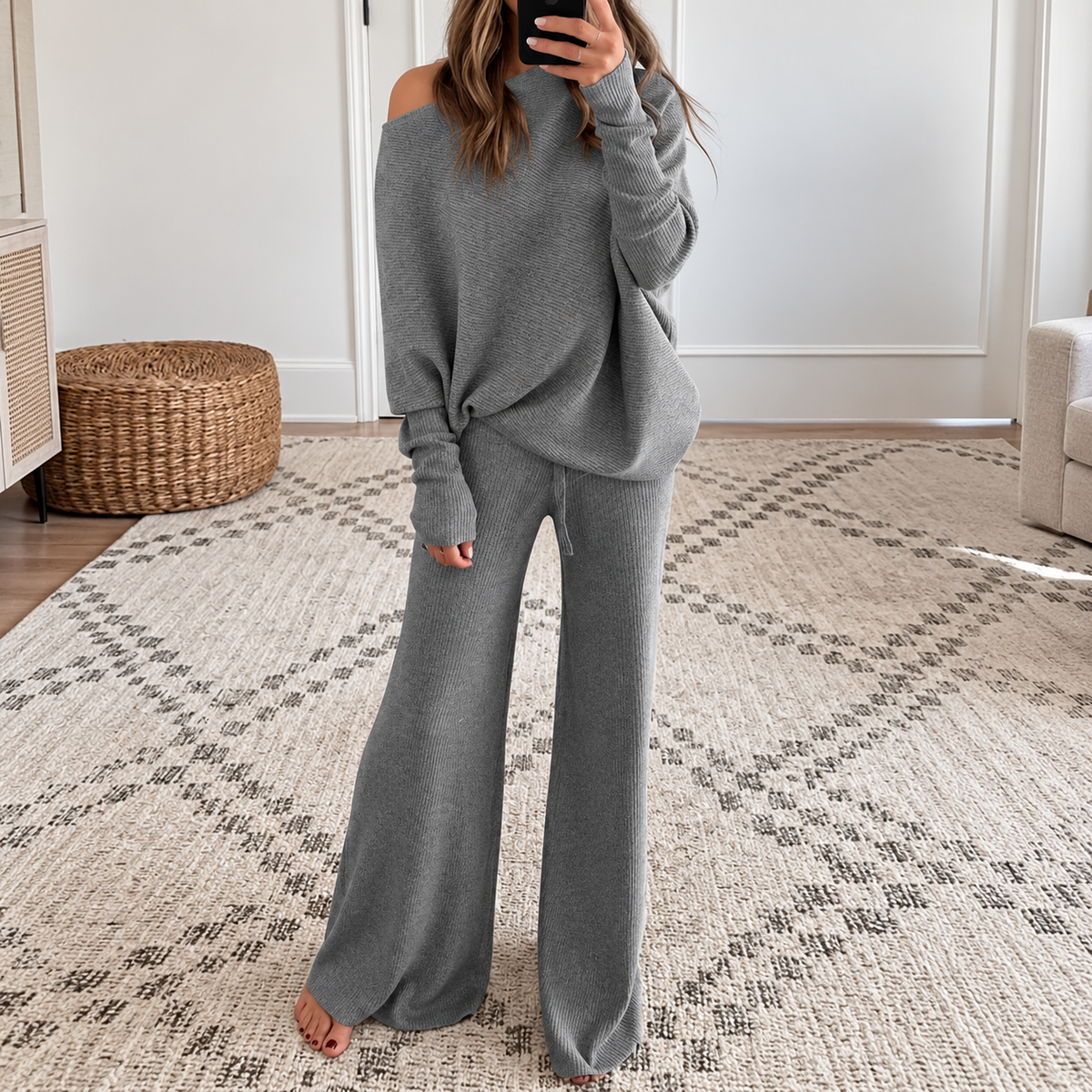 Conjunto Mujer de Punto Top Asimétrico y Pantalón