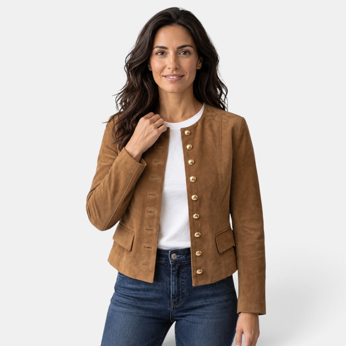 Chaqueta Mujer Ante Sintético Sin Cuello Botones Dorados