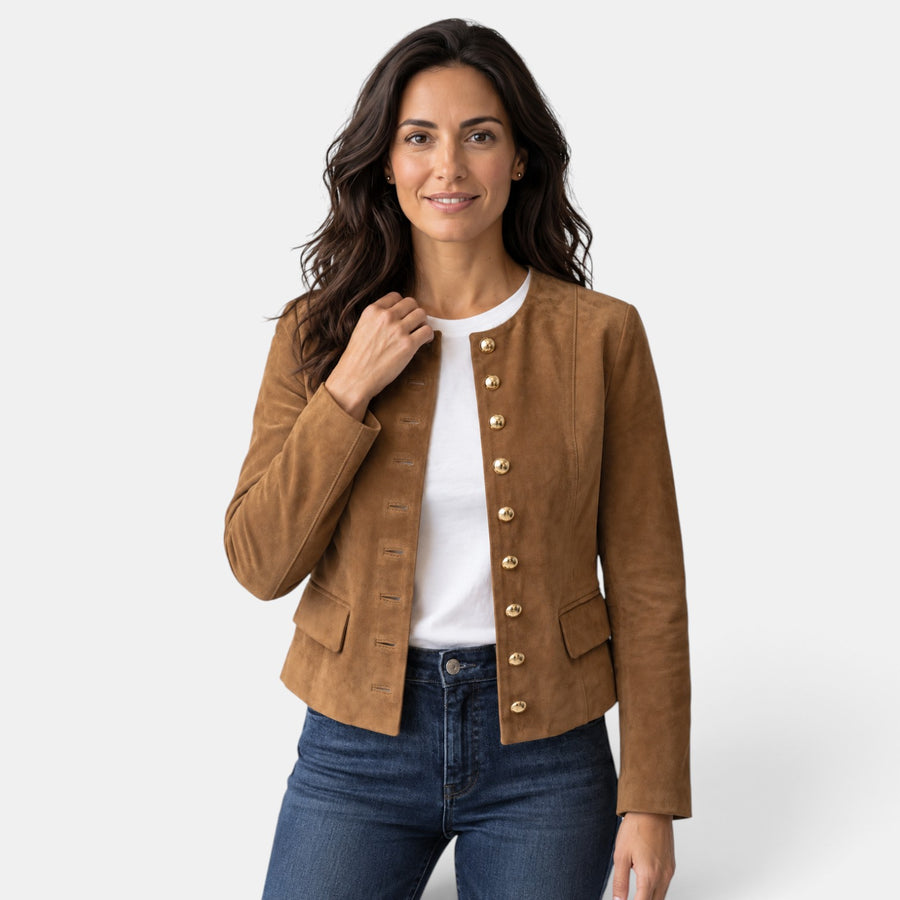 Chaqueta Mujer Ante Sintético Sin Cuello Botones Dorados