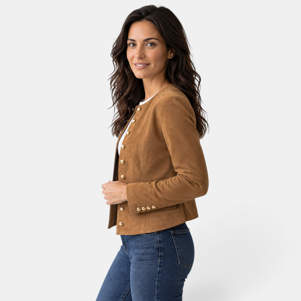 Chaqueta Mujer Ante Sintético Sin Cuello Botones Dorados