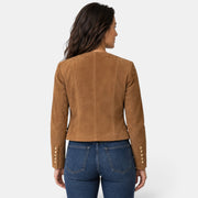 Chaqueta Mujer Ante Sintético Sin Cuello Botones Dorados