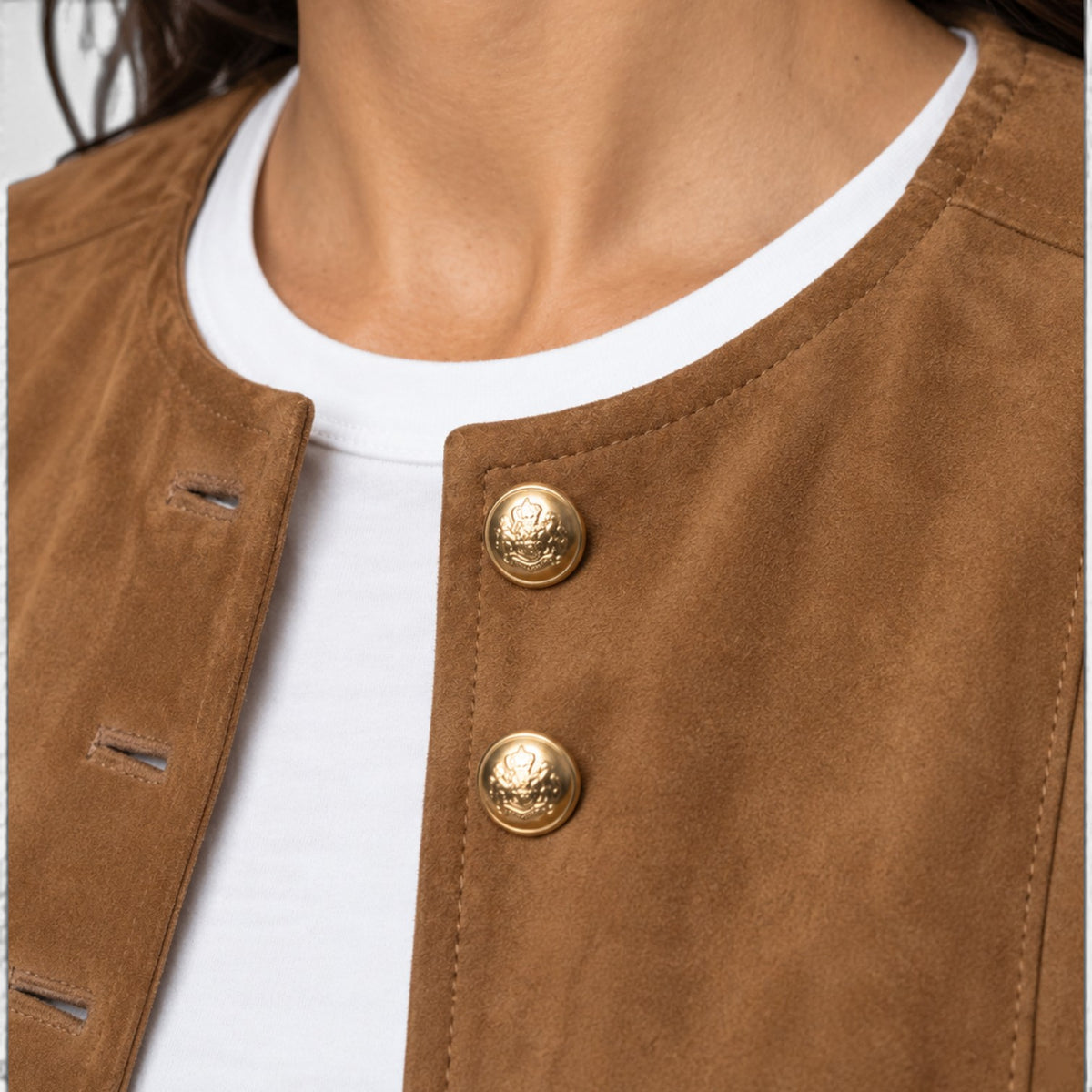 Chaqueta Mujer Ante Sintético Sin Cuello Botones Dorados