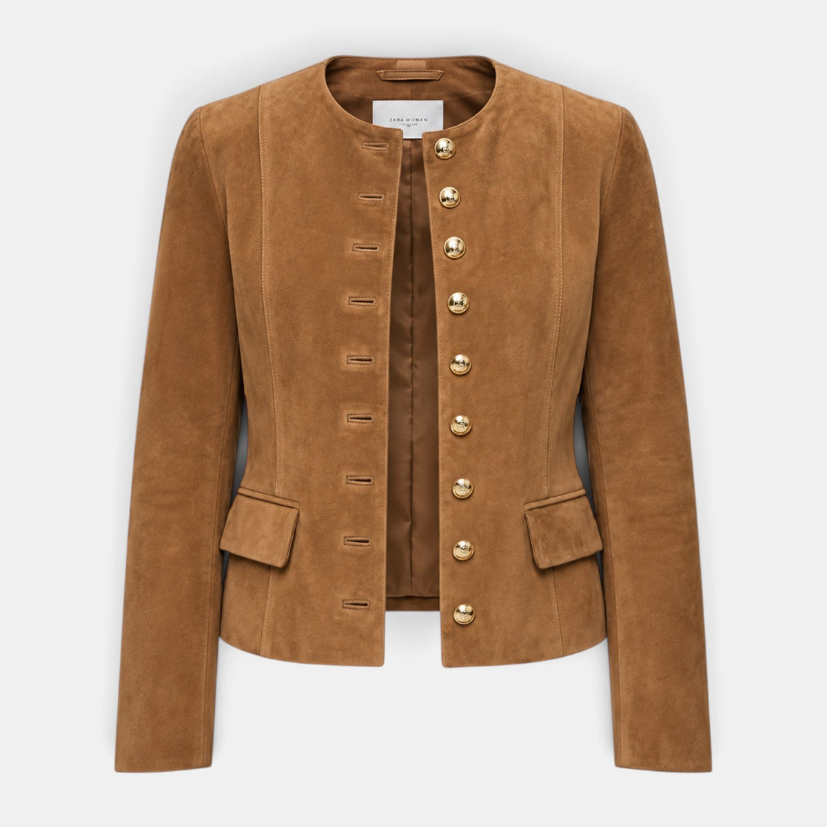Chaqueta Mujer Ante Sintético Sin Cuello Botones Dorados