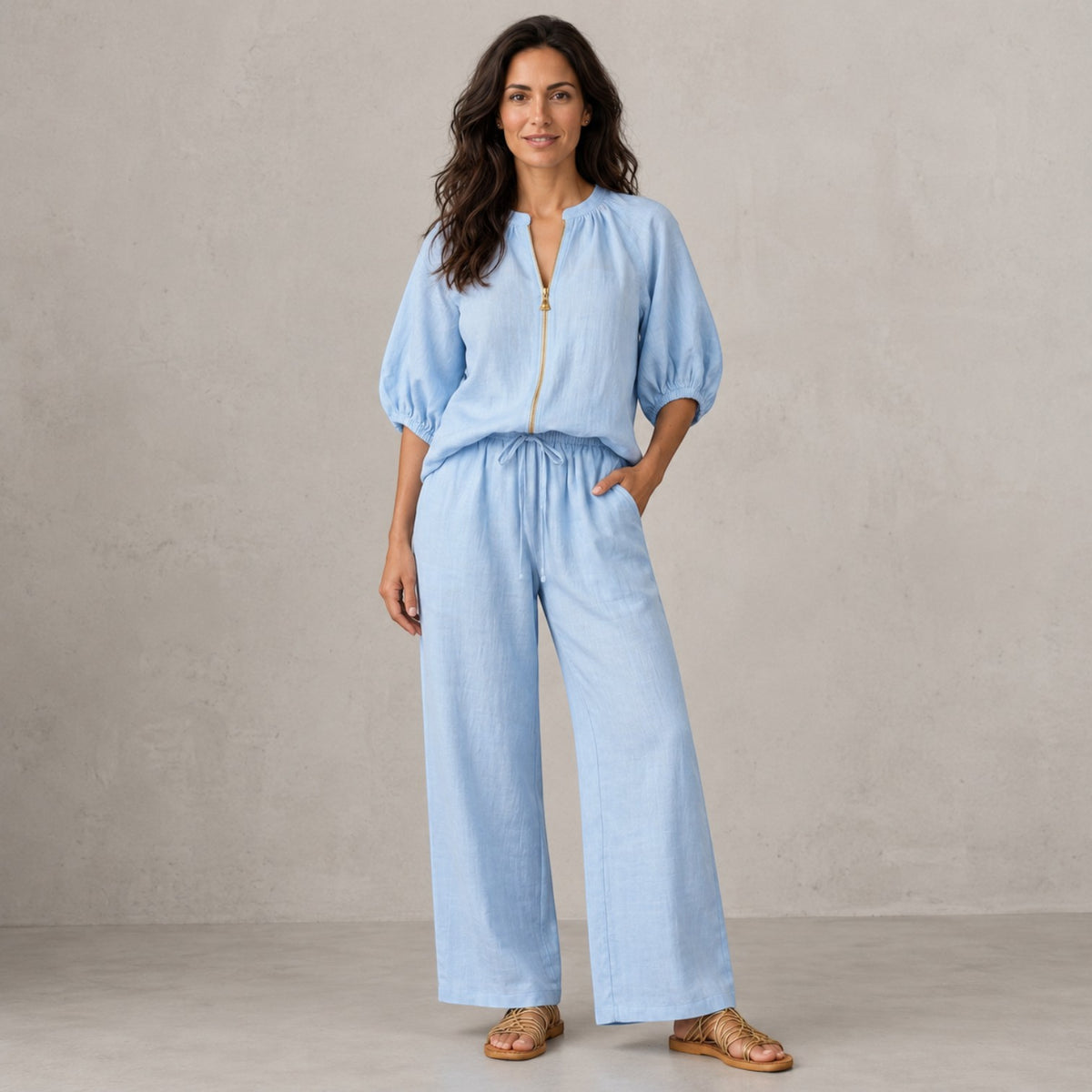 Conjunto Mujer Top con Cremallera y Pantalón Ancho