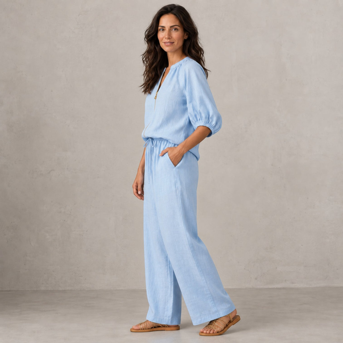 Conjunto Mujer Top con Cremallera y Pantalón Ancho