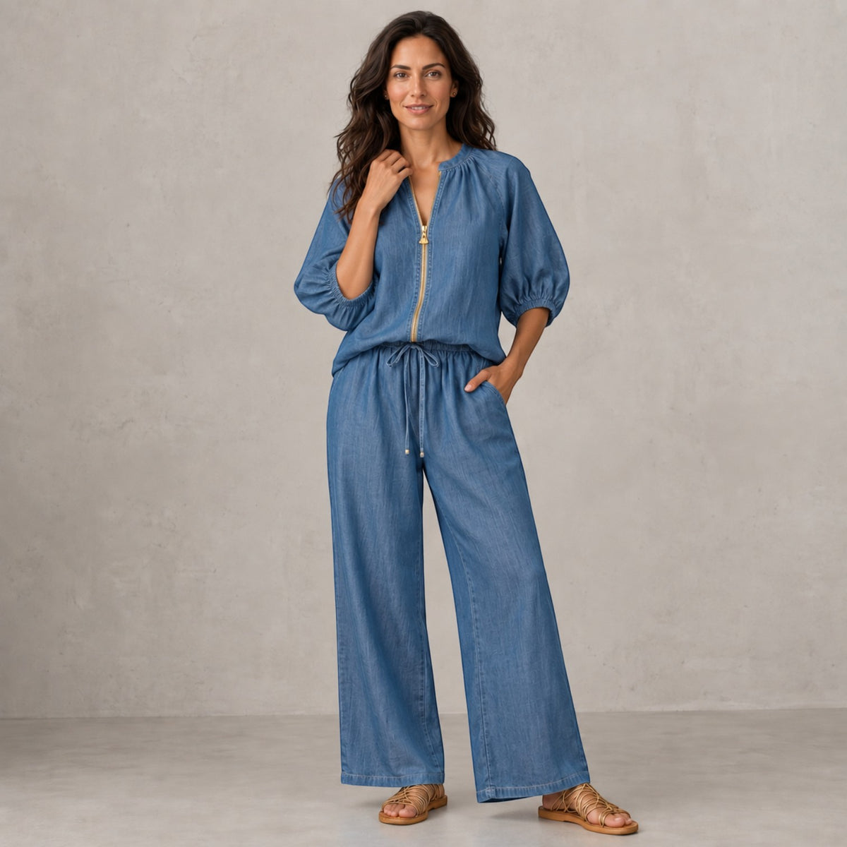 Conjunto Mujer Top con Cremallera y Pantalón Ancho