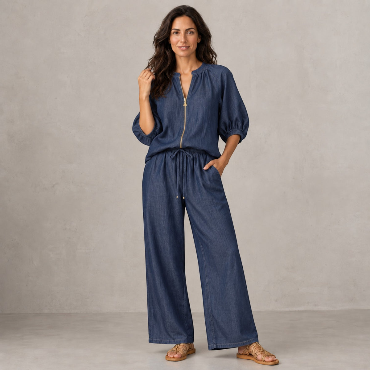 Conjunto Mujer Top con Cremallera y Pantalón Ancho