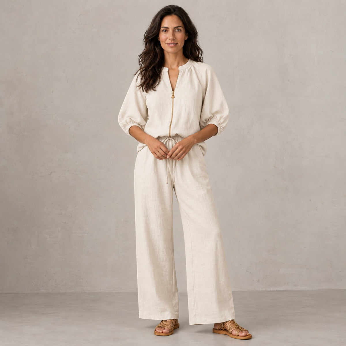 Conjunto Mujer Top con Cremallera y Pantalón Ancho