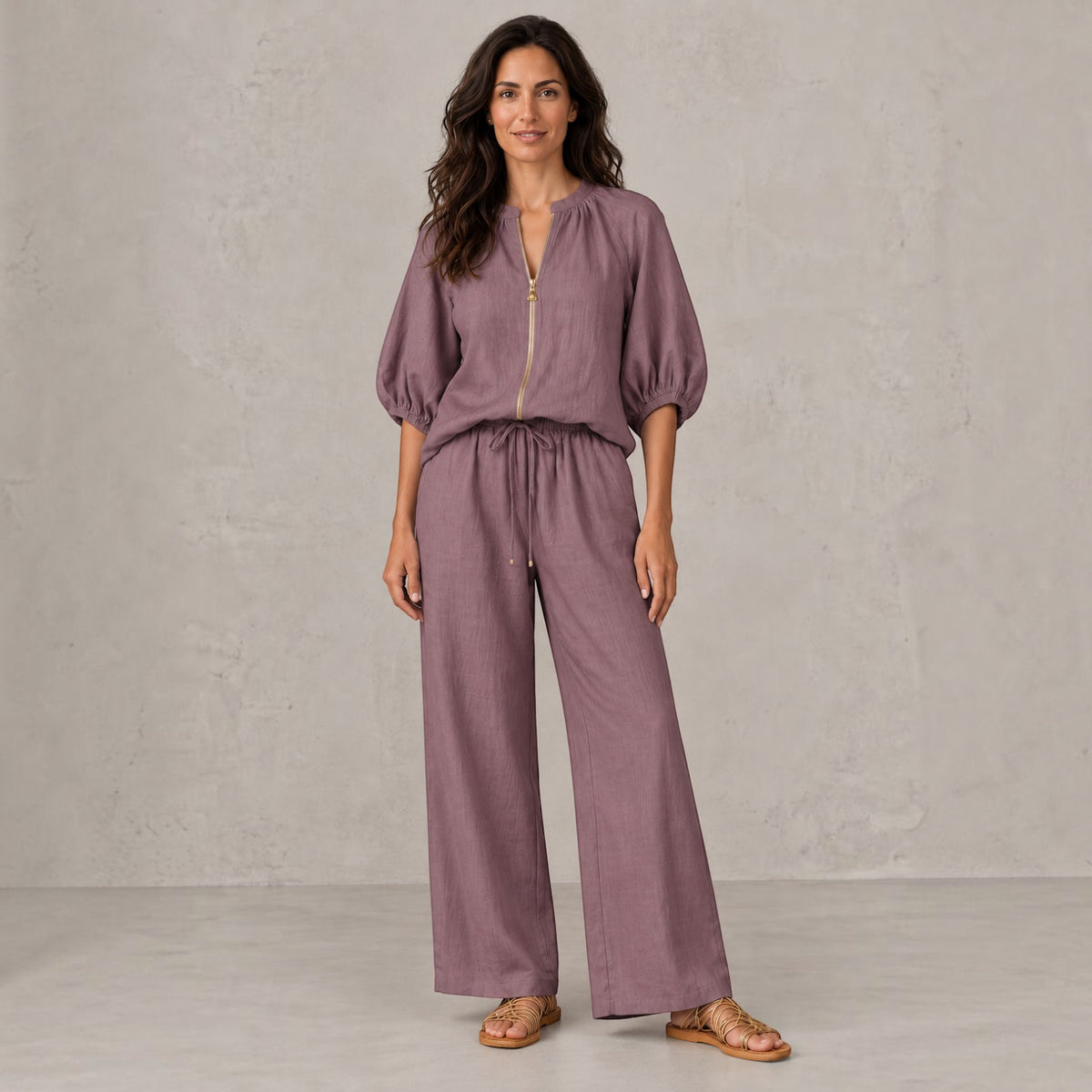 Conjunto Mujer Top con Cremallera y Pantalón Ancho