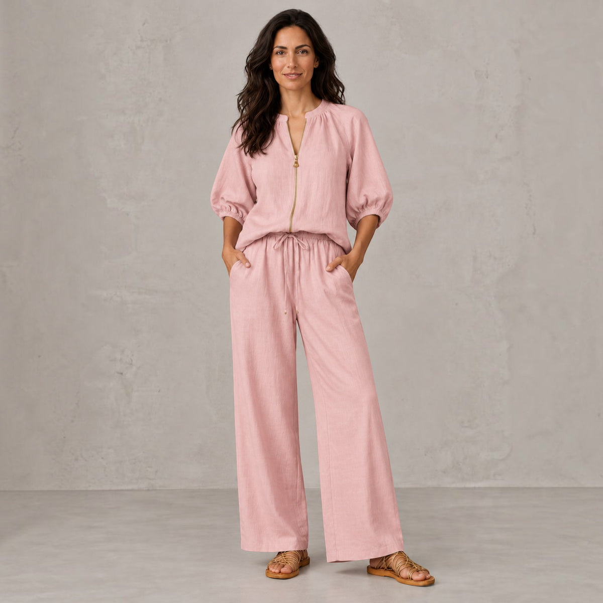 Conjunto Mujer Top con Cremallera y Pantalón Ancho