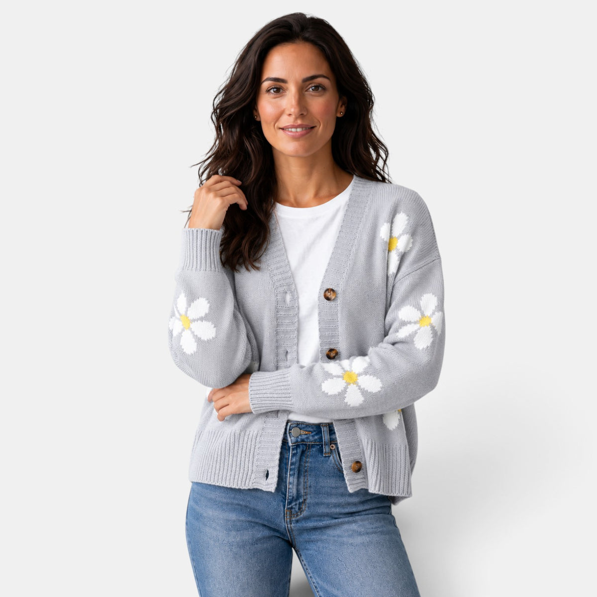 Cárdigan Mujer Punto Estilo Floral Oversize