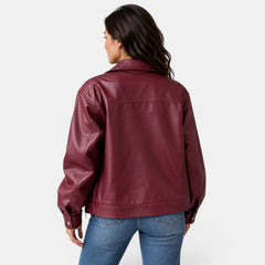 Chaqueta Biker Mujer Roja Efecto Cuero