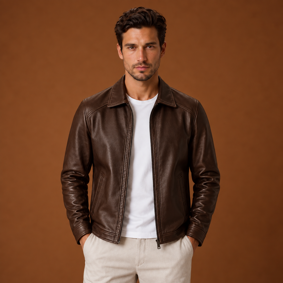 Chaqueta Cuero Hombre Clásica con Cremallera