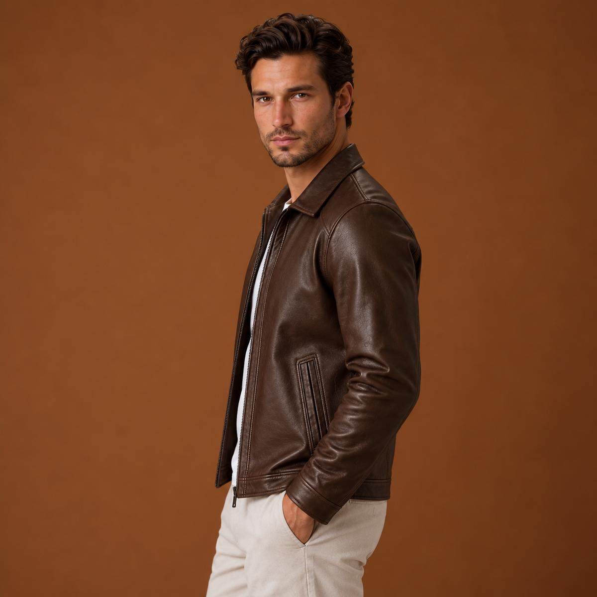 Chaqueta Cuero Hombre Clásica con Cremallera