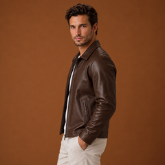 Chaqueta Cuero Hombre Clásica con Cremallera