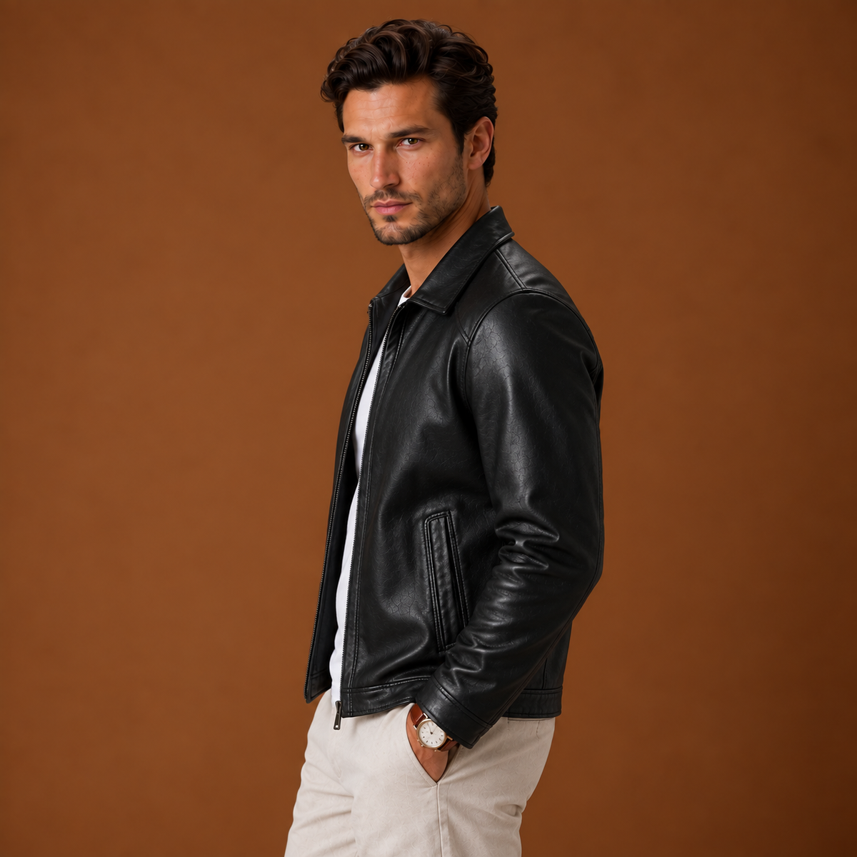 Chaqueta Cuero Hombre Clásica con Cremallera