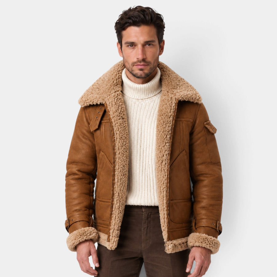 Chaqueta Aviador Hombre Efecto Piel con Cuello de Borrego Sintético