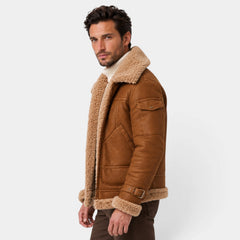 Chaqueta Aviador Hombre Efecto Piel con Cuello de Borrego Sintético