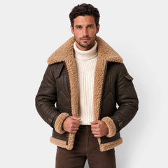 Chaqueta Aviador Hombre Efecto Piel con Cuello de Borrego Sintético