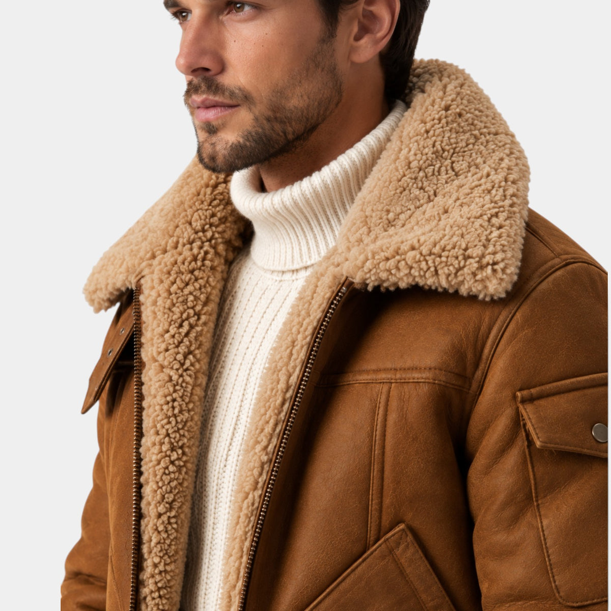 Chaqueta Aviador Hombre Efecto Piel con Cuello de Borrego Sintético
