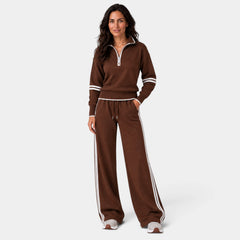 Conjunto Mujer Loungewear con Top Corto de Media Cremallera y Pantalón Ancho